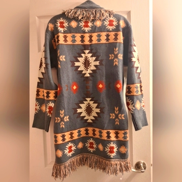 New Western Print Cardigan Long Sweater Duster - Picture 7 of 12